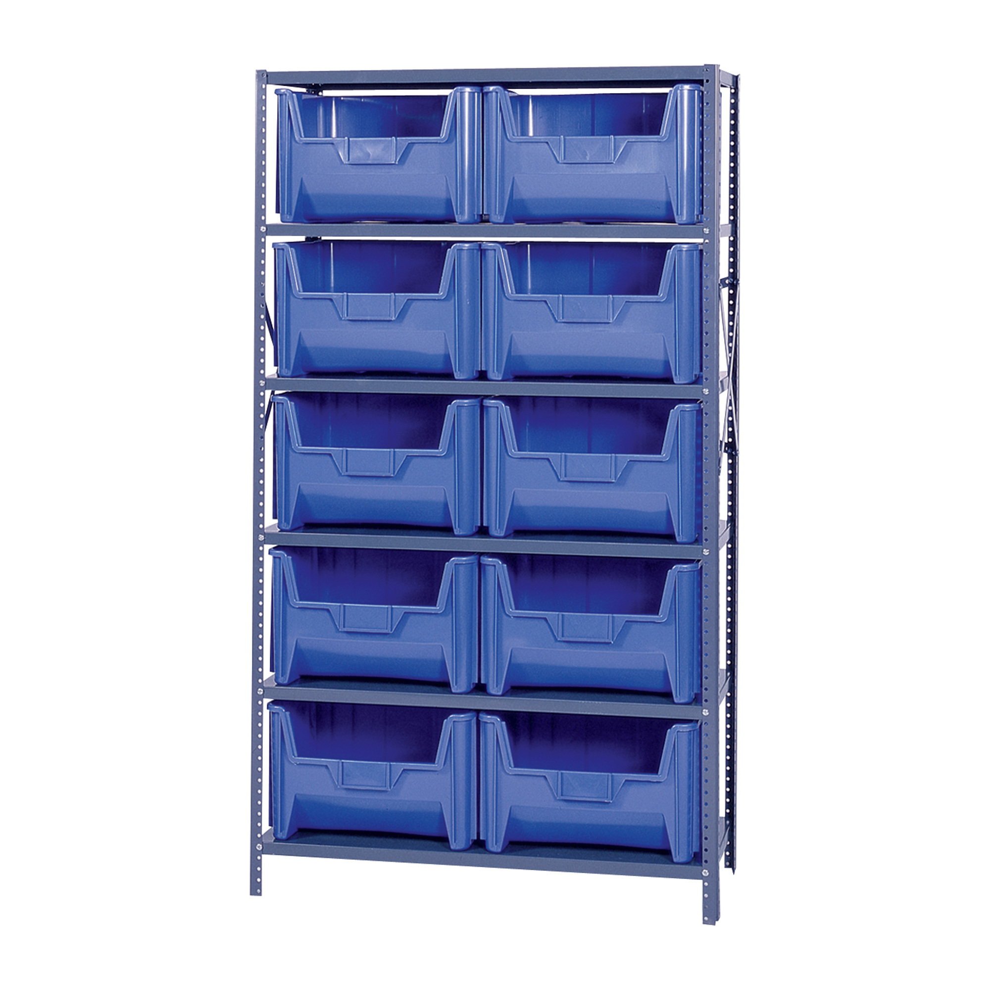 Quantum Storage Metal Shelving Unit with 10 Giant Hopper Bins, 42in.W x 18in.D x 75in.H, Blue, Model# QSBU-700BL